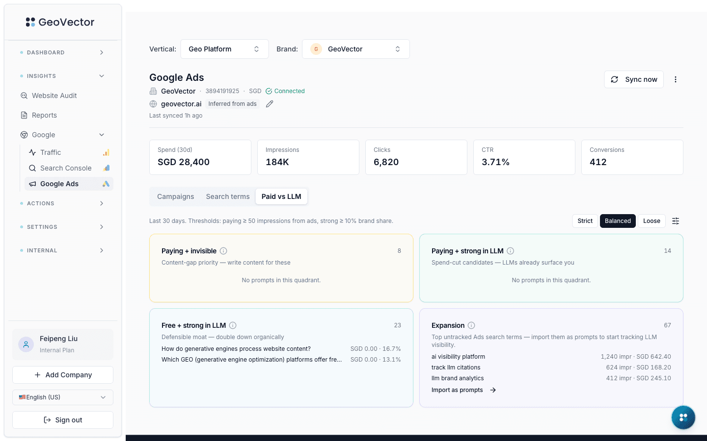 GeoVector Google Ads Paid vs LLM dashboard showing four quadrants — Paying + invisible (content-gap priority), Paying + strong in LLM (spend-cut candidates), Free + strong in LLM (defensible moat), and Expansion (top untracked Ads search terms)