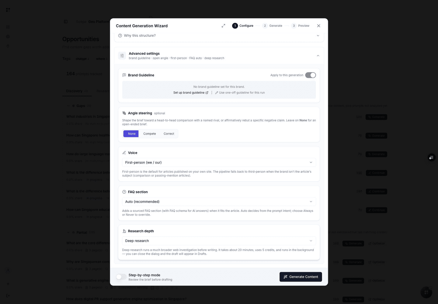 GeoVector Content Generation Wizard with Deep research selected under Research depth and advanced settings for voice, angle, guidelines, and FAQ structure