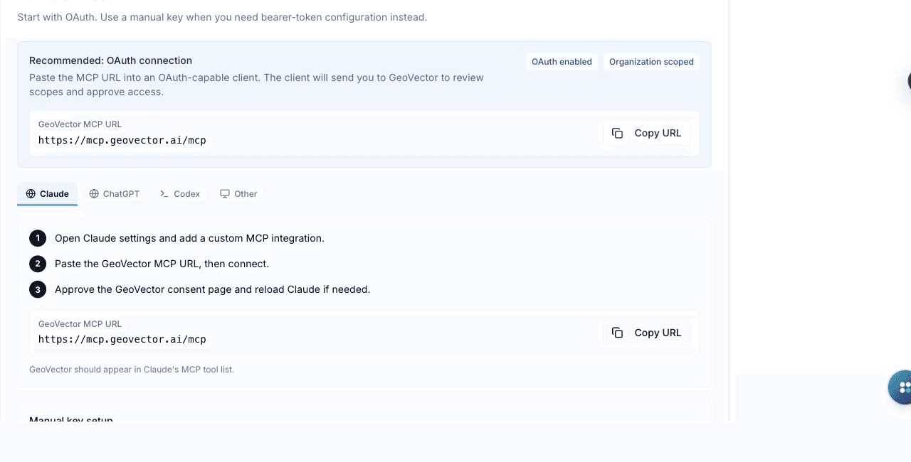 GeoVector MCP connection guide showing OAuth setup for Claude, ChatGPT, Codex, and other compatible clients