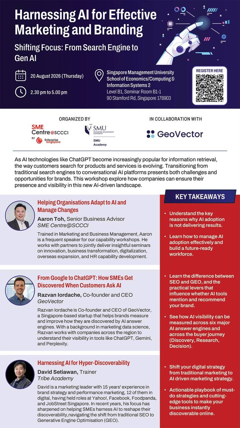 Event poster for Harnessing AI for Effective Marketing and Branding by SME Centre@SCCCI and SMU Academy, listing all three speakers